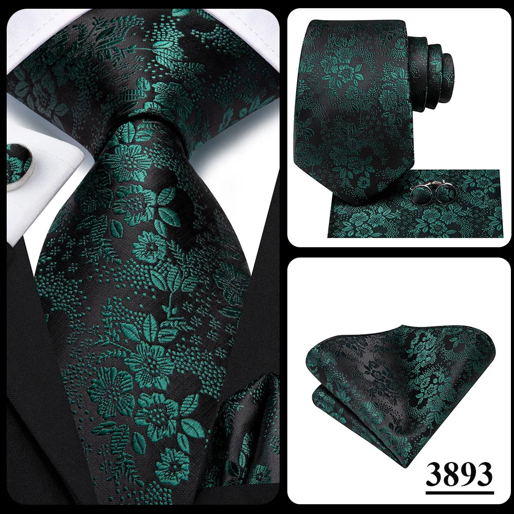 Green paisley silk tie set for men featuring a necktie, pocket square, and cufflinks with intricate paisley pattern.