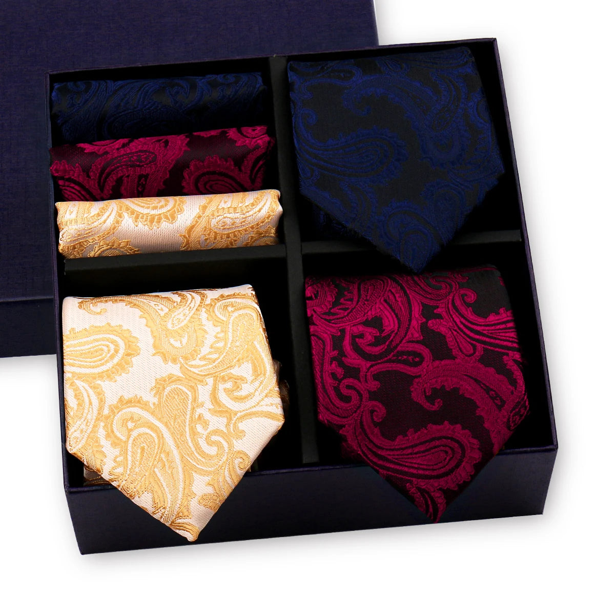 Luxury men's tie set with paisley and striped necktie, matching handkerchief, in gift box, by The Clothing Company Sydney.