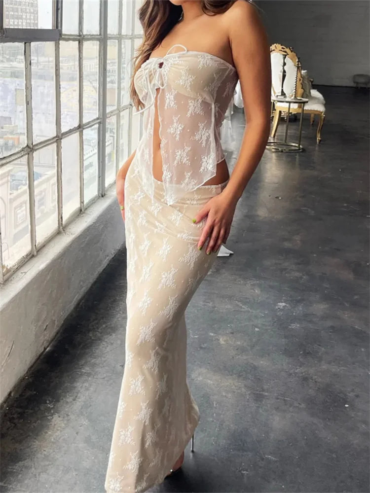 2 Piece Set Women Lace Bustiers Strapless Off Shoulder Tube Tops Party Club Mesh See Through Tank Low Waist Long Skirts The Clothing Company Sydney