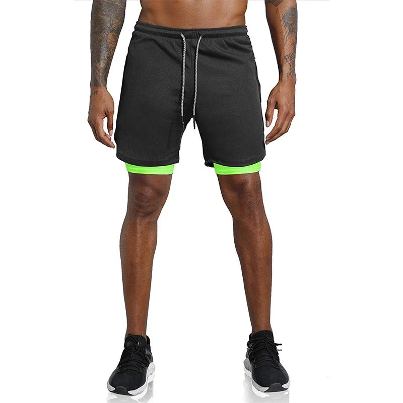 Men’s 2-in-1 running shorts from The Clothing Company Sydney, featuring double-layer gym and beach sportswear, shown on a model.