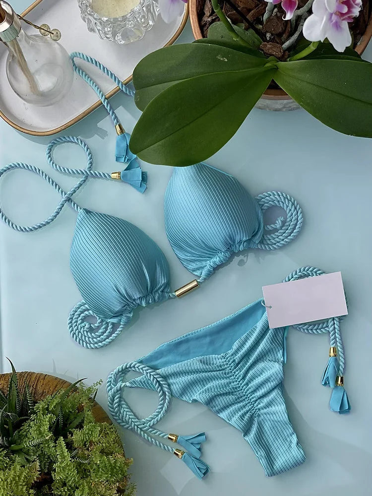 Backless women's bikini swimsuit with rope triangle top and high-cut bottoms, stylish swimwear by The Clothing Company Sydney.