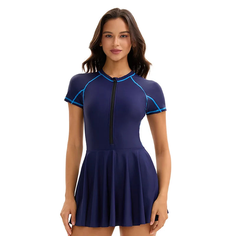 Women's high neck one-piece swimdress swimsuit with skirt by The Clothing Company Sydney