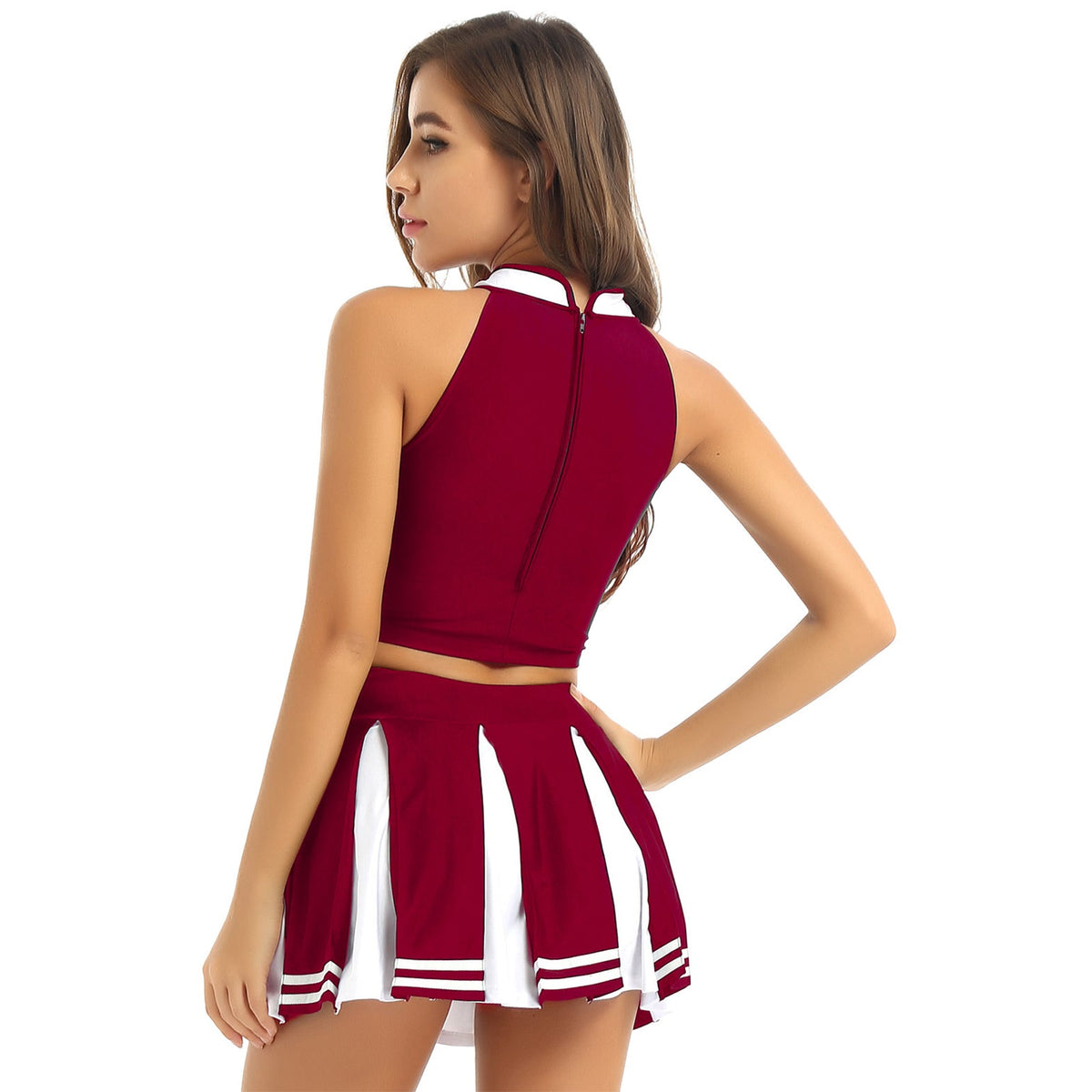 Women's cheerleader cosplay costume with stand collar crop top and mini pleated skirt, from The Clothing Company Sydney.
