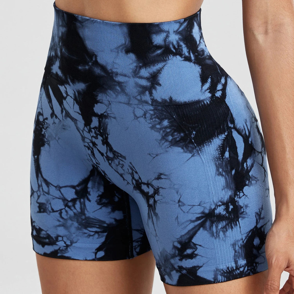 Colorful tie dye gym shorts for women by The Clothing Company Sydney, high waist, seamless fitness bike shorts for summer outdoor workouts.