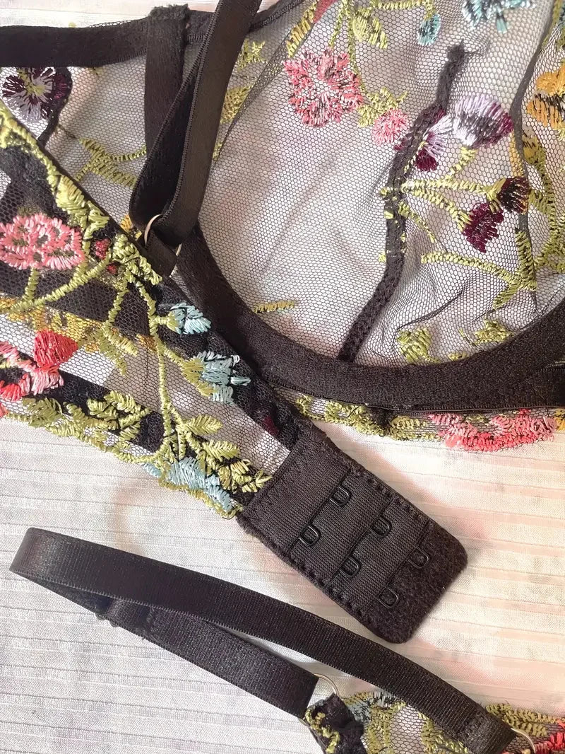 Yimunancy Floral Embroidery Lingerie Set Women Sheer 2-Piece Boho Bra + Panty Underwear Set Intimates The Clothing Company Sydney