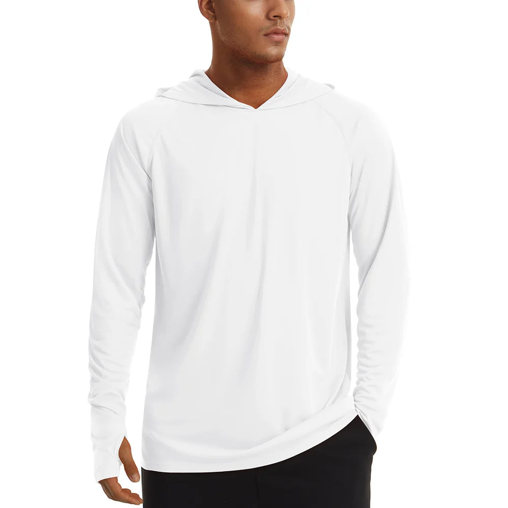 Men's UPF 50+ hooded T-shirt by The Clothing Company Sydney, quick-dry long sleeve sun protection shirt for outdoor sports and running.