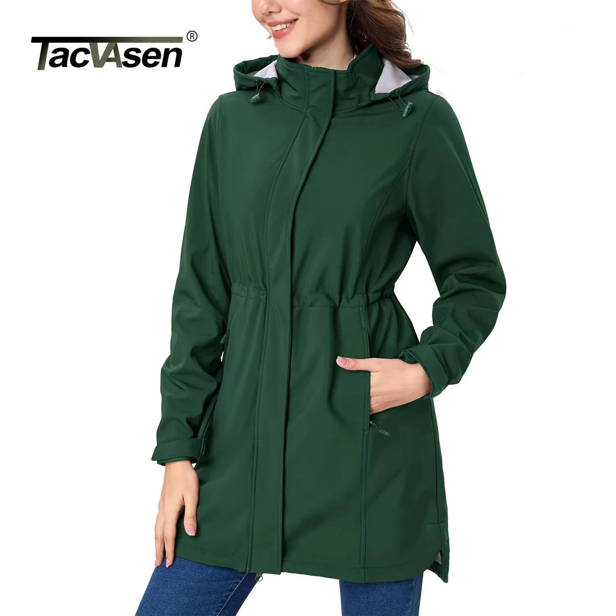 Women's long fleece-lined windproof jacket by The Clothing Company Sydney, featuring a hood, softshell material, ideal for winter outdoor wear.
