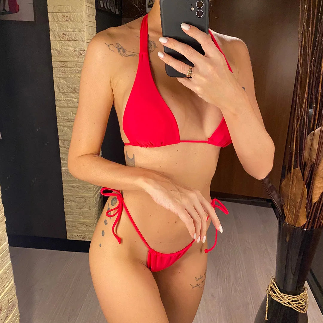 2 Piece Halter Mini Micro Thong Bikini Female Swimsuit Women Bikini set Bather Bathing Suit Swimwear The Clothing Company Sydney