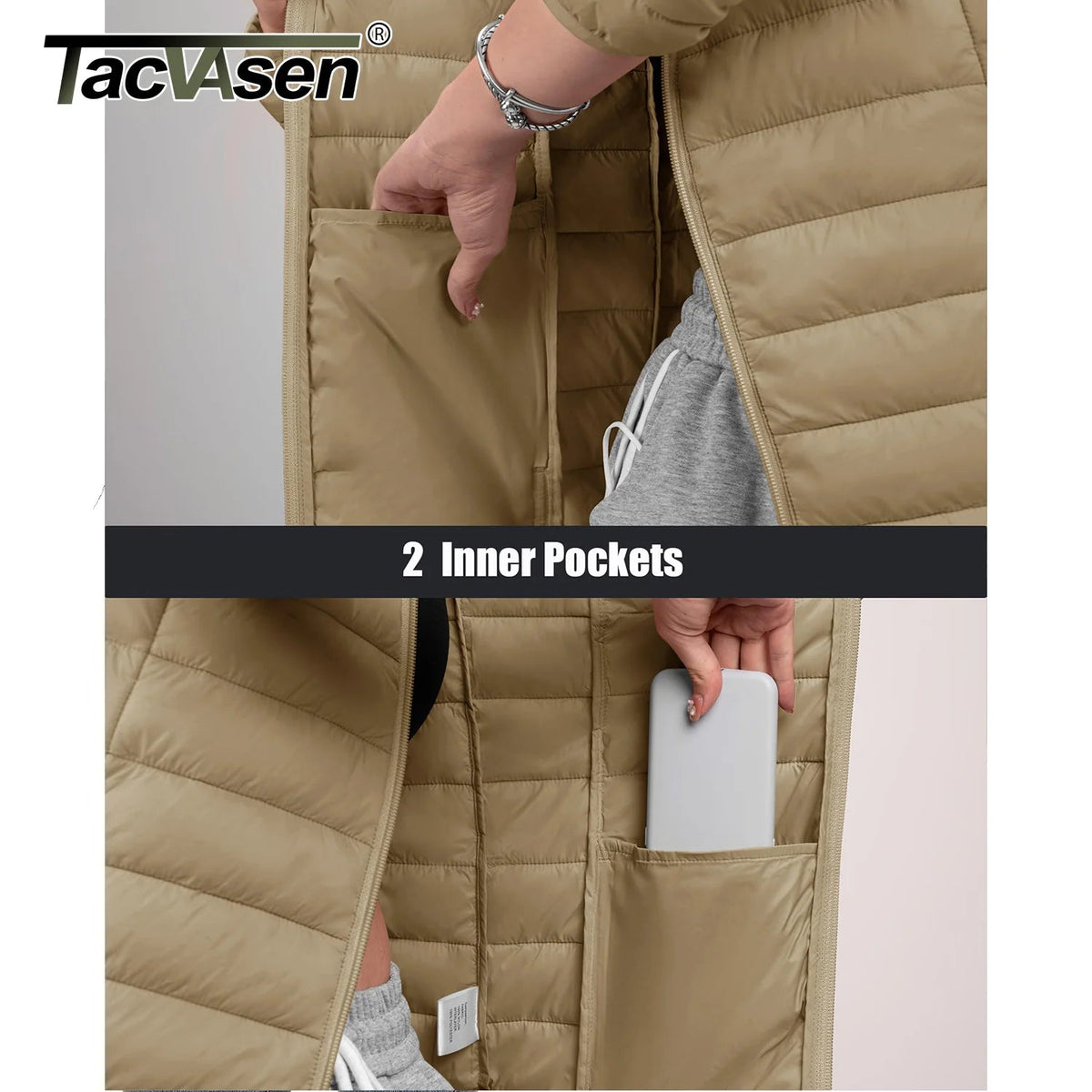 Women’s waterproof puffer hooded jacket by The Clothing Company Sydney with multiple pockets, quilted design, and lightweight winter insulation.