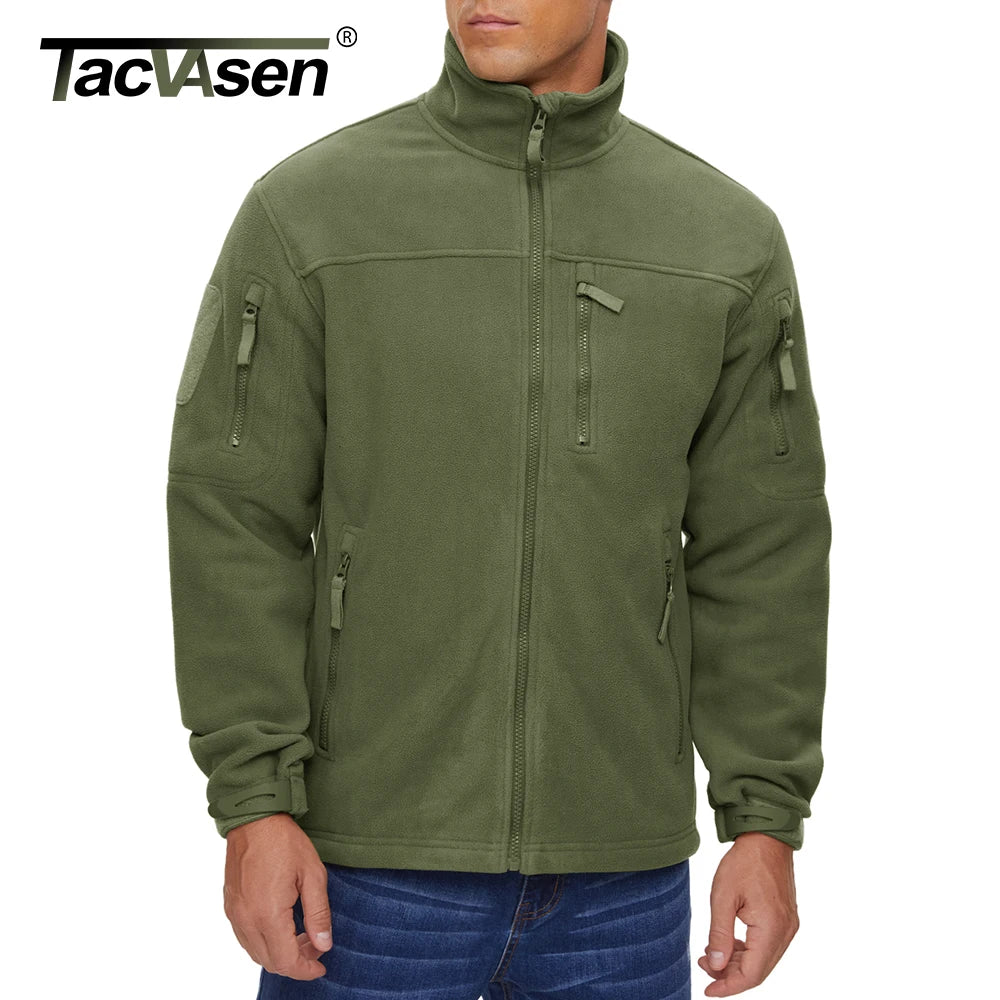 Men's green tactical fleece jacket with full zip, thermal insulation, pockets, and windbreaker design, ideal for hiking and outdoor work.