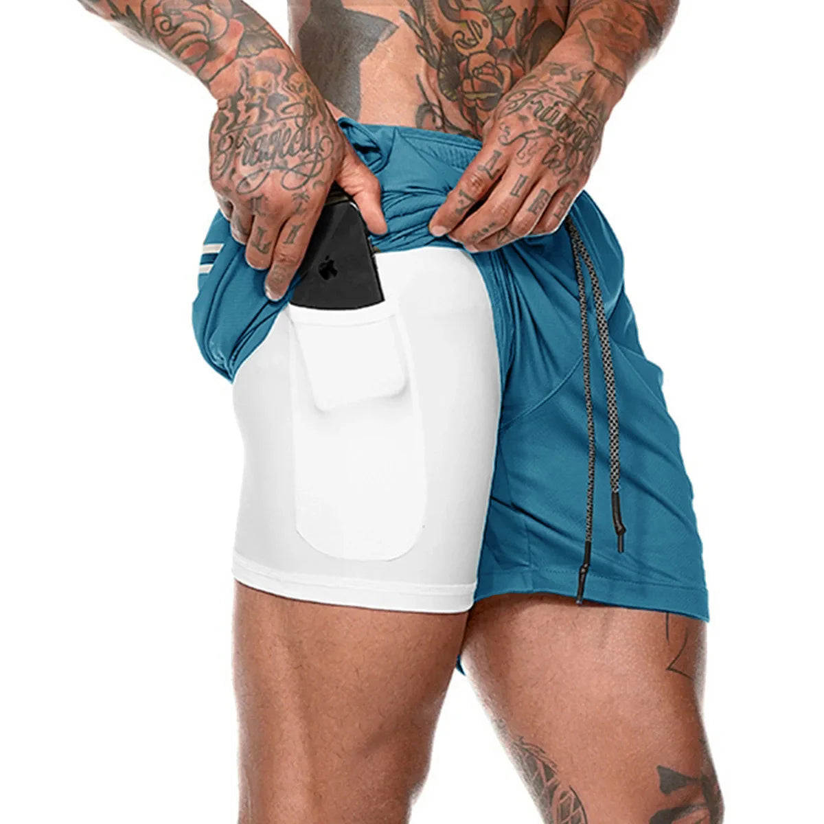 Men’s 2-in-1 running shorts from The Clothing Company Sydney, featuring double-layer gym and beach sportswear, shown on a model.