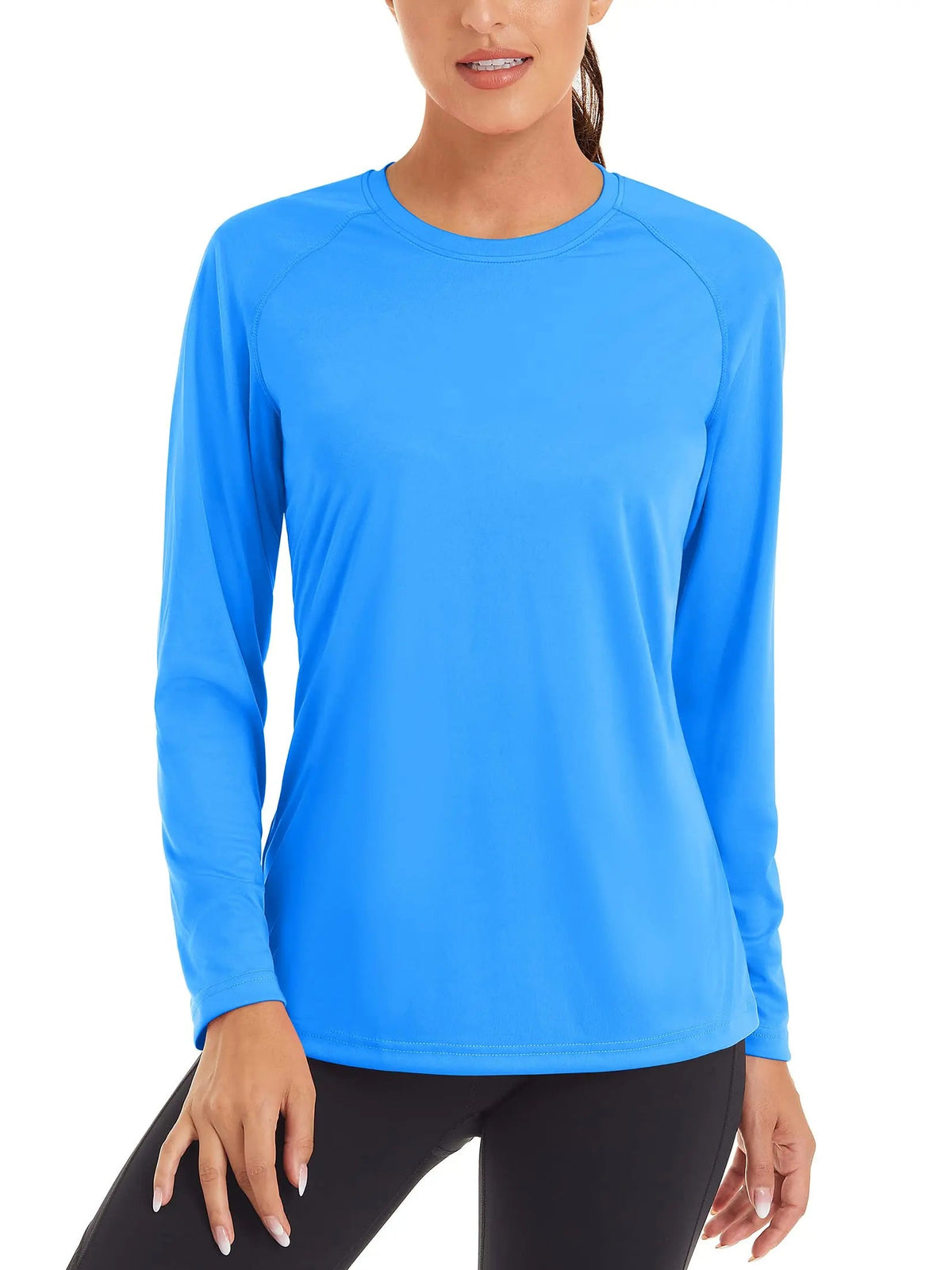 Women's UPF 50+ quick dry sun protection T-shirt by The Clothing Company Sydney, long sleeve performance UV swim pullover top.