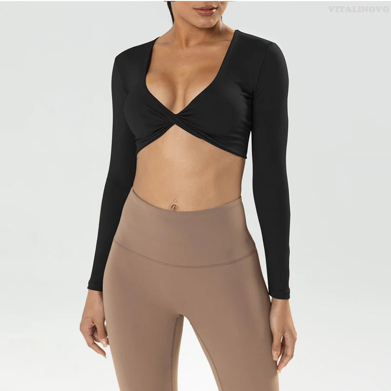Long sleeve gym crop top by The Clothing Company Sydney, twist detail, deep V neckline, quick-dry fabric, padded fitness and yoga shirt.