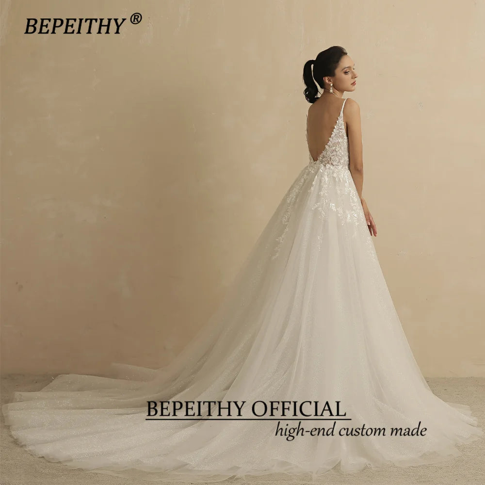 Deep V Neck Spaghetti Straps A Line Lace Wedding Dresses Glittler Sleeveless Boho Bridal Party Gown The Clothing Company Sydney