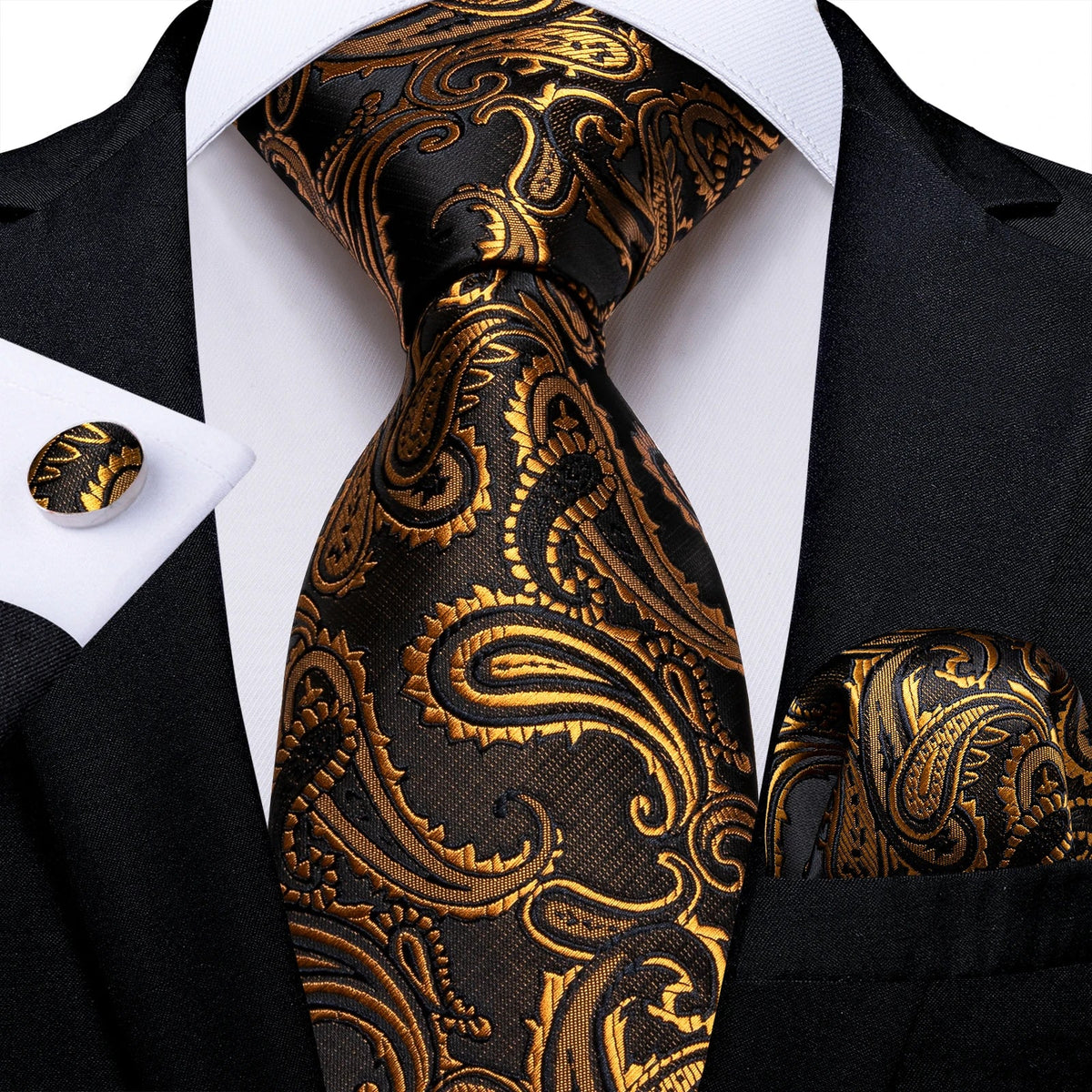 Luxury black and gold paisley silk tie set with matching pocket square and cufflinks, men's accessories by The Clothing Company Sydney.
