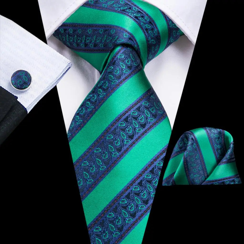 Green paisley silk tie set for men including necktie, pocket square, and cufflinks from The Clothing Company Sydney.