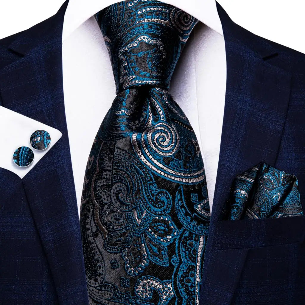 Blue paisley silk tie set for men including necktie, cufflinks, and pocket hanky from The Clothing Company Sydney.