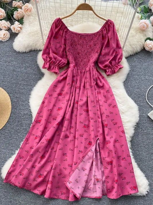 Women's Fashion Romantic Floral Print Split Long Summer Dress Puff Sleeve Party Dress - The Clothing Company Sydney