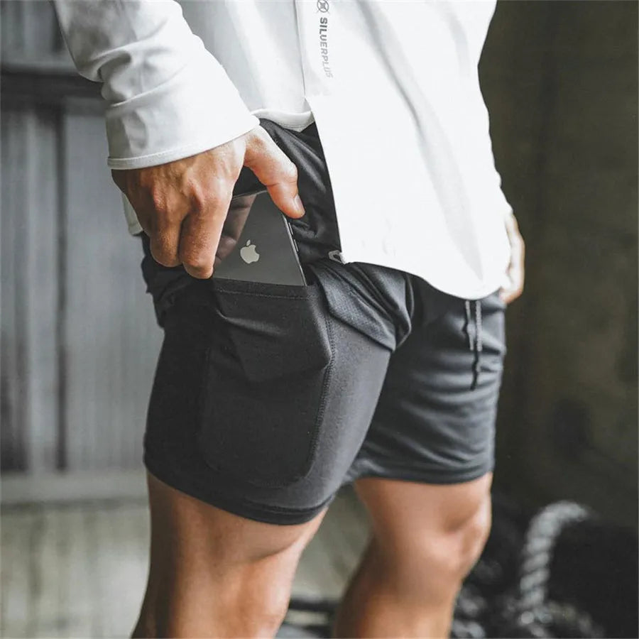Men’s 2-in-1 running shorts from The Clothing Company Sydney, featuring double-layer design for gym training and beach sports.