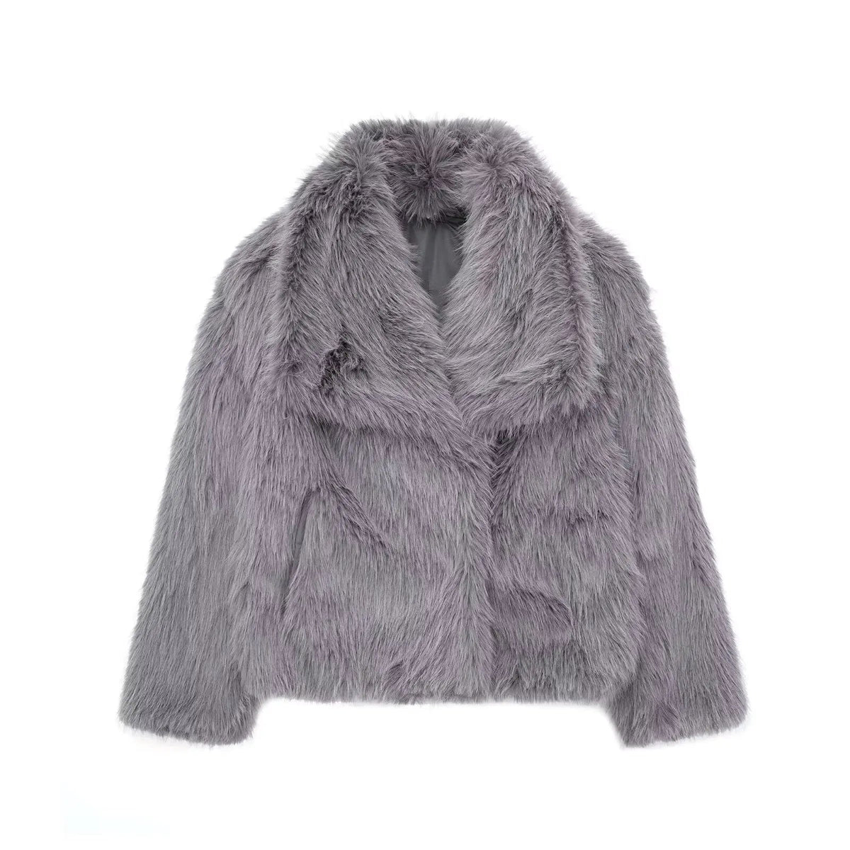 Women's faux fur cropped jacket with long sleeves, snap buttons, lapel collar, and thick outerwear from The Clothing Company Sydney.