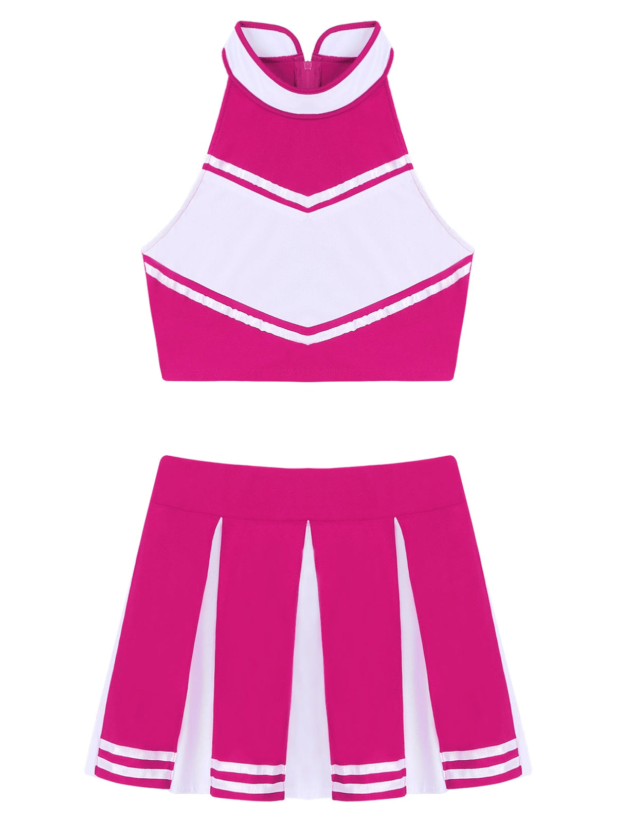 Women's cheerleader cosplay costume with stand collar crop top and mini pleated skirt from The Clothing Company Sydney.
