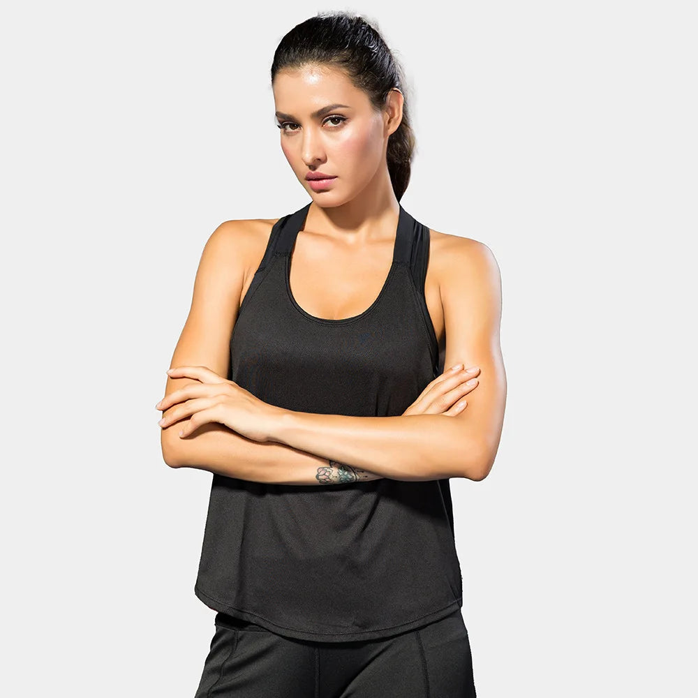Black women's sleeveless gym top by The Clothing Company Sydney, backless yoga fitness shirt for running and workout activities.