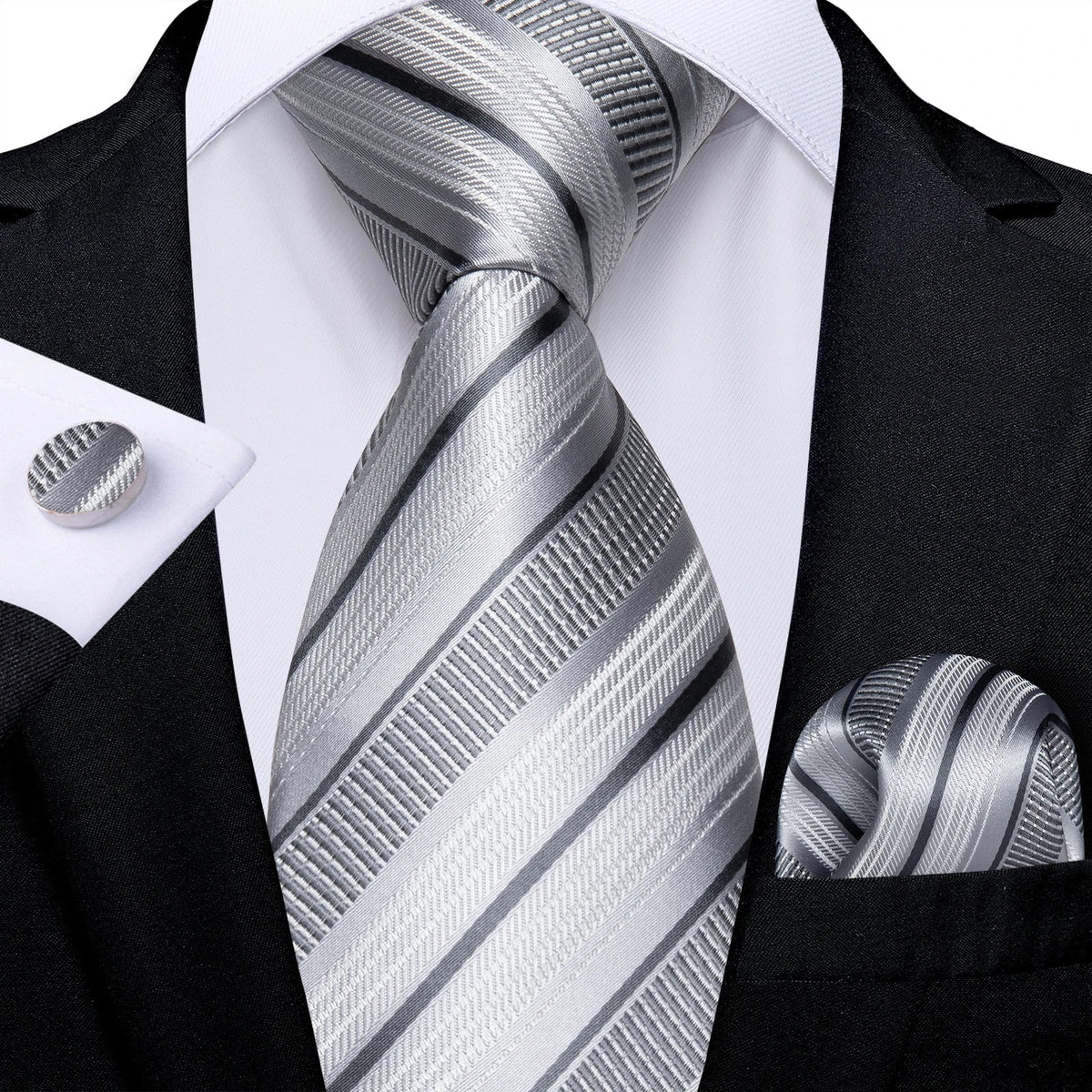 Men's gray paisley silk tie set with pocket square and cufflinks, perfect for weddings, by The Clothing Company Sydney.
