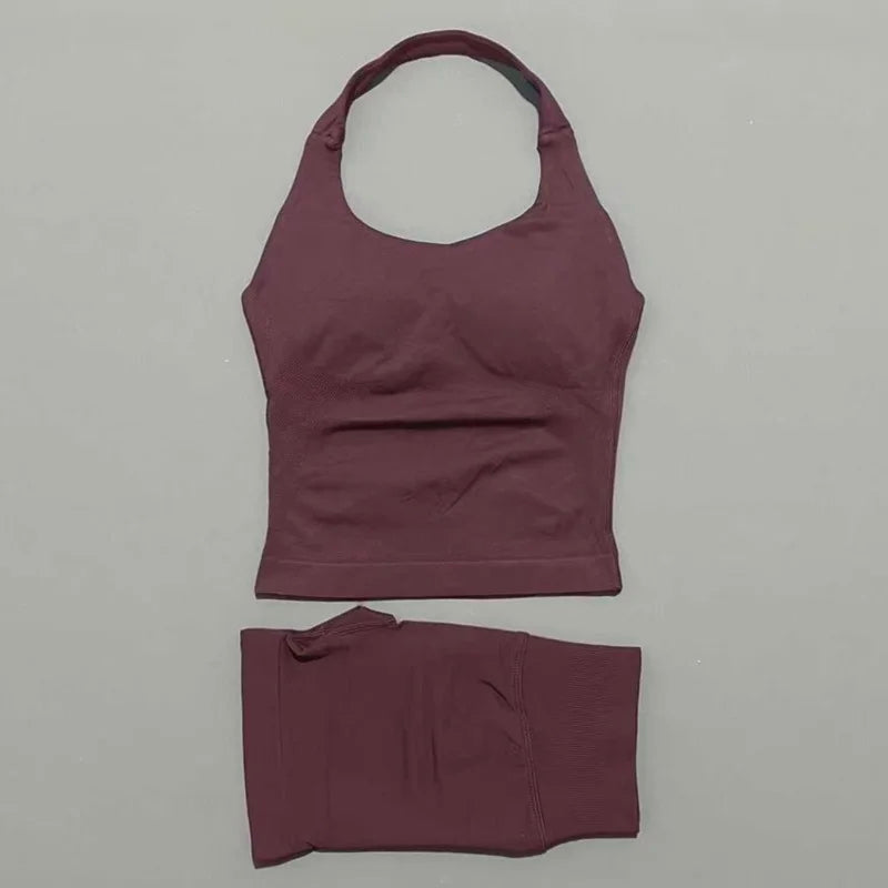 2 Piece Sports Halter Top Strappy Bra Shorts Matching Set Seamless Yoga Gym Running Fitness Shorts Suit