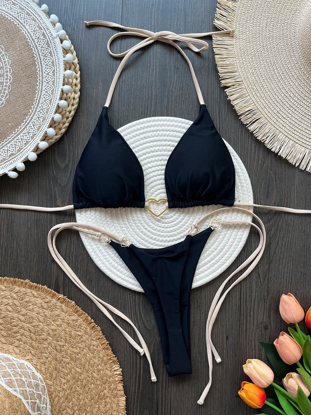 Solid color halter bikini set for women, two-piece swimsuit with triangle top and thong bottom, by The Clothing Company Sydney.