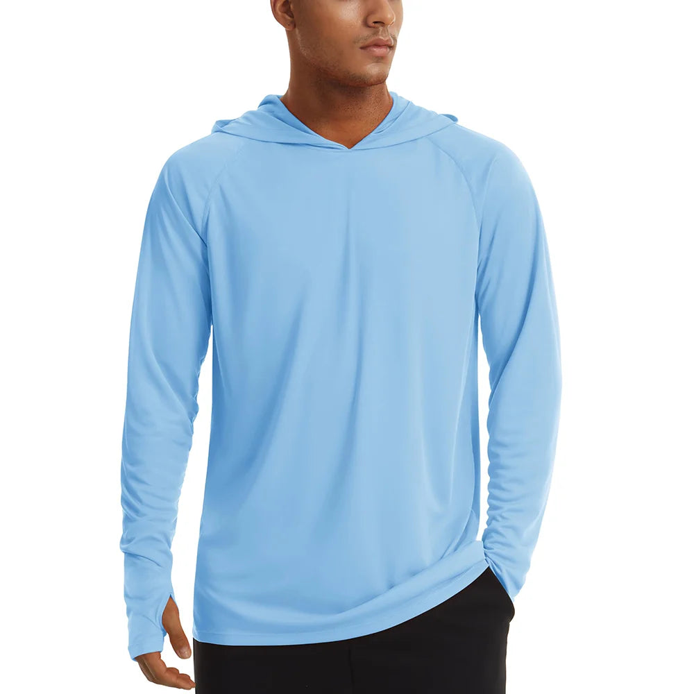 Men's UPF 50+ hooded T-shirt by The Clothing Company Sydney, quick-dry long sleeve sun protection top for outdoor sports and running.