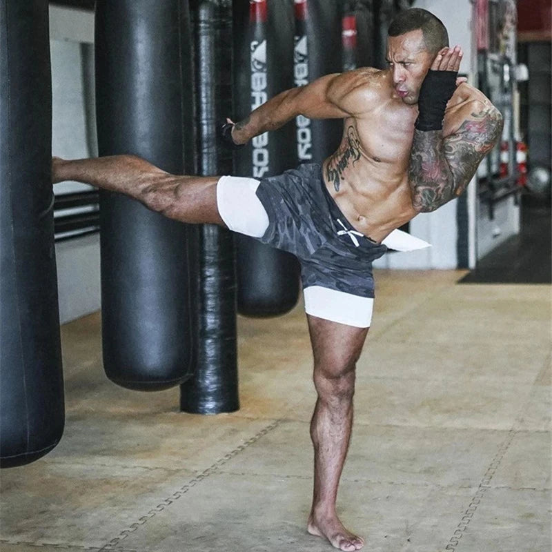 Men’s 2-in-1 running shorts from The Clothing Company Sydney, featuring double-layer design for gym training and beach sports.