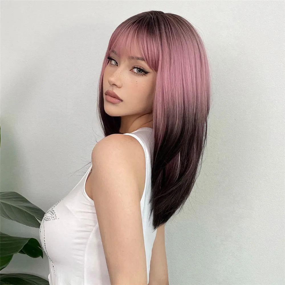 Long layered straight synthetic wig with black and pink ombre colors, ideal for cosplay and women's fashion accessories.