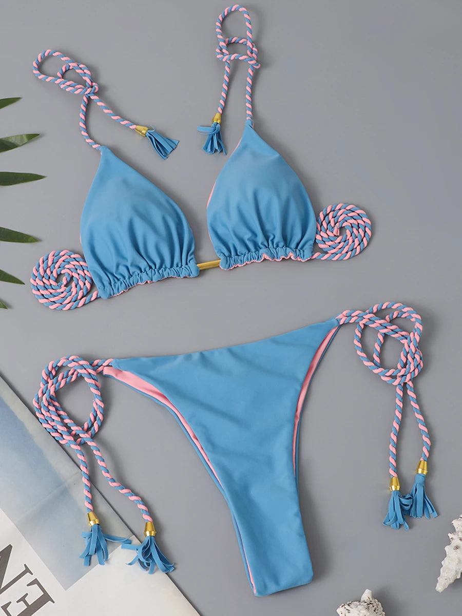 Solid triangle string bikini swimsuit by The Clothing Company Sydney, featuring a two-piece thong swimwear set for summer beachwear.