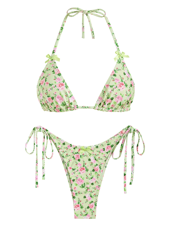 Women's Bow Decor Tiny Floral Halter Tie Side String Triangle Two Piece Swimwear Bikini Set The Clothing Company Sydney