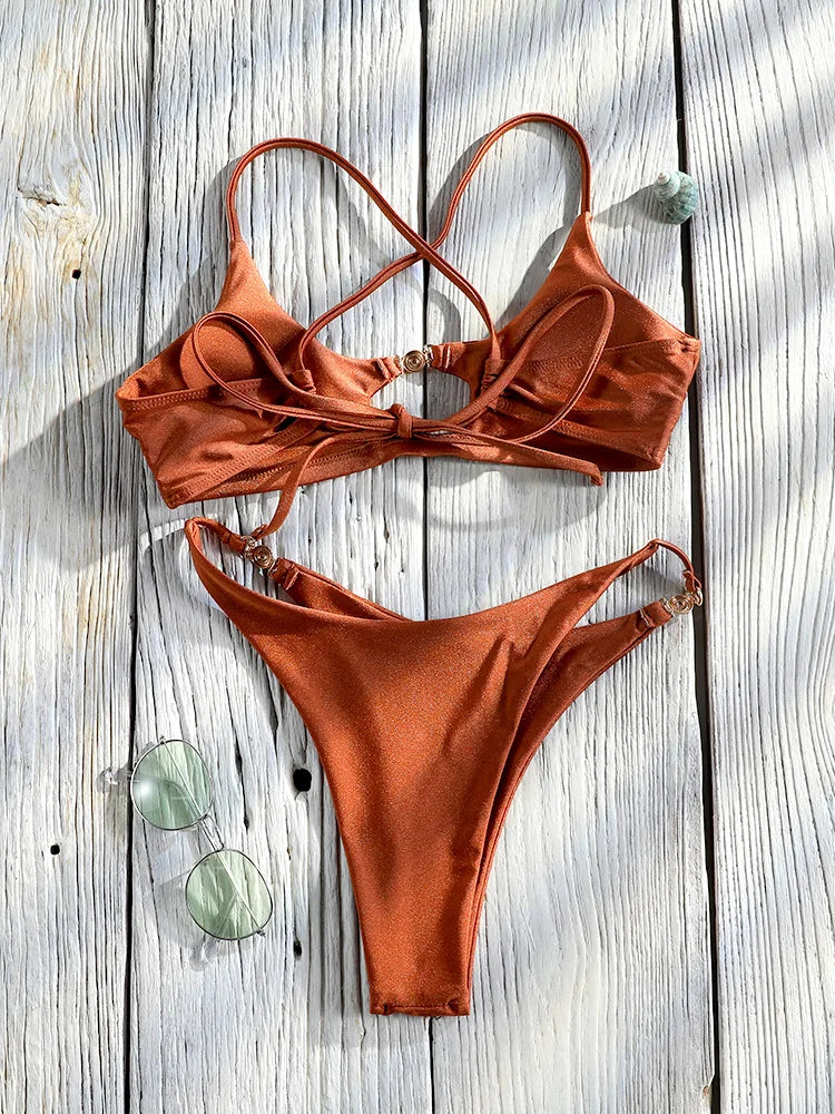 Two-piece push-up bikini set by The Clothing Company Sydney featuring a hollow-out design and low waist style, perfect for swimwear.