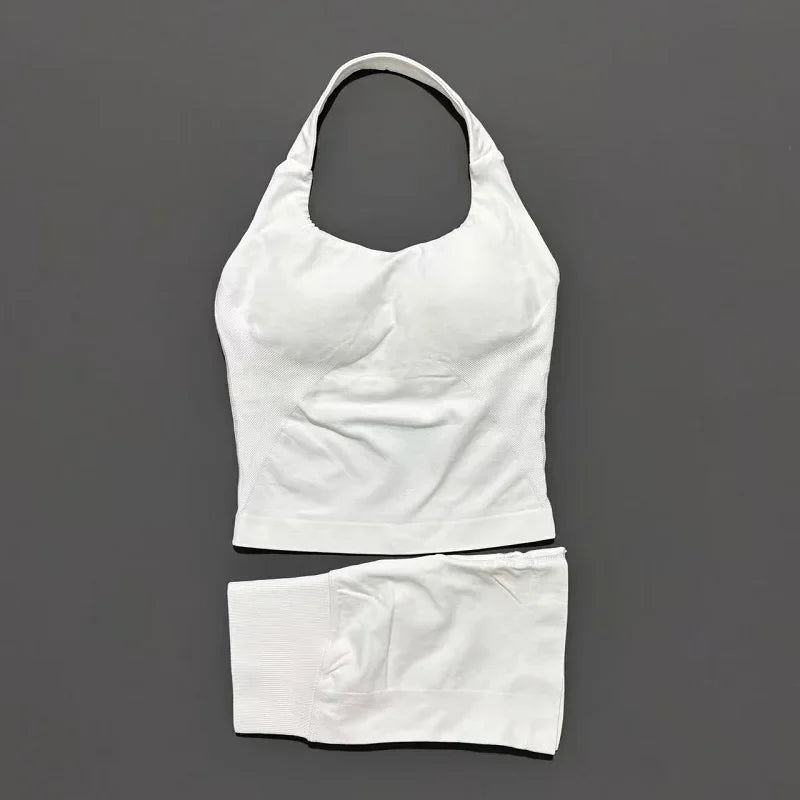 2 Piece Sports Halter Top Strappy Bra Shorts Matching Set Seamless Yoga Gym Running Fitness Shorts Suit