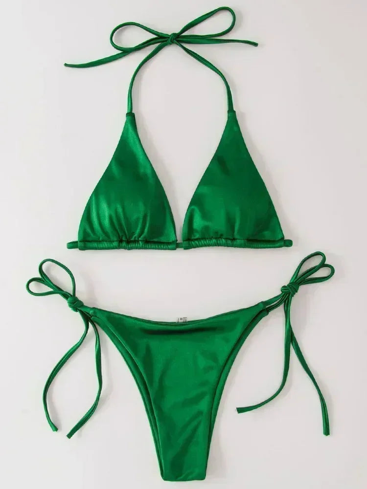 Two-piece Brazilian metallic satin swimsuit with halter top and high-cut bottoms, perfect for beachwear by The Clothing Company Sydney