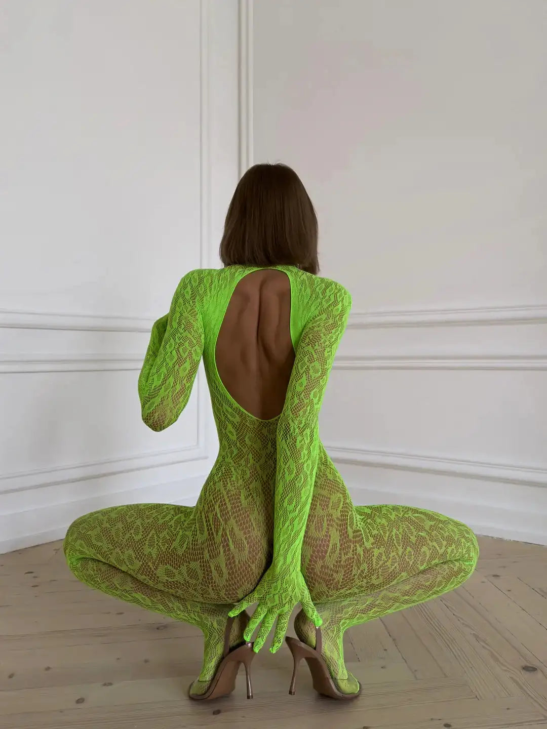 Backless sheer long sleeve jumpsuit by The Clothing Company Sydney, adult doll cosplay lingerie set, one-piece party outfit.