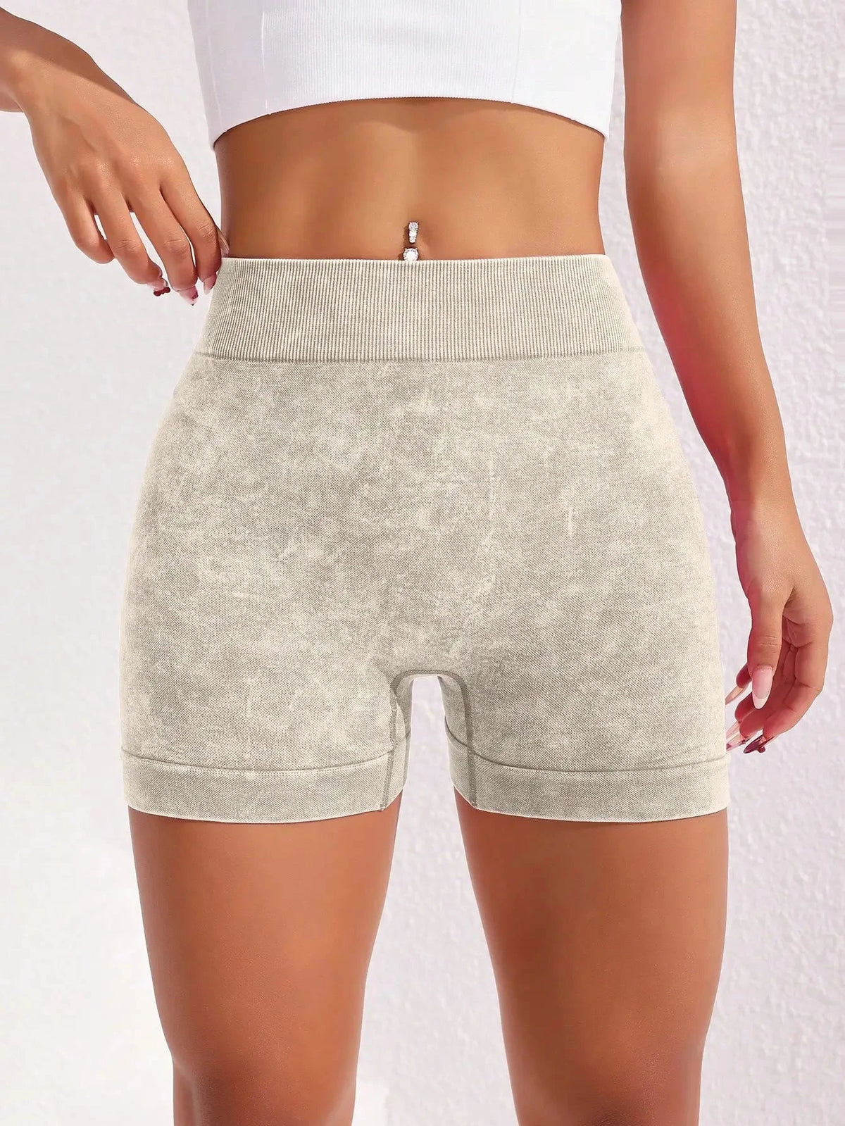 Women's washed yoga shorts by The Clothing Company Sydney featuring high waist, quick-drying fabric, and sporty biker style.