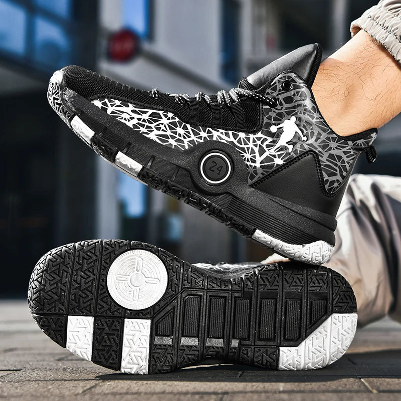 High-top basketball shoes from The Clothing Company Sydney featuring non-slip soles and breathable design, shown from a side angle.