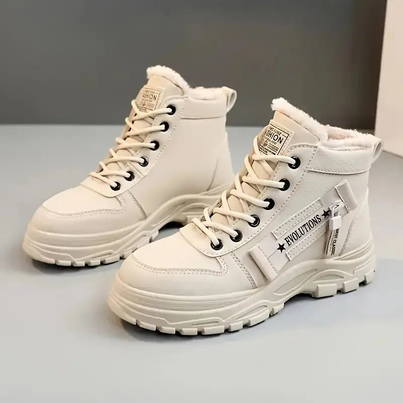 Women’s winter high-top snow boots by The Clothing Company Sydney with lace-up design, wedge heel, and cozy flannel lining.