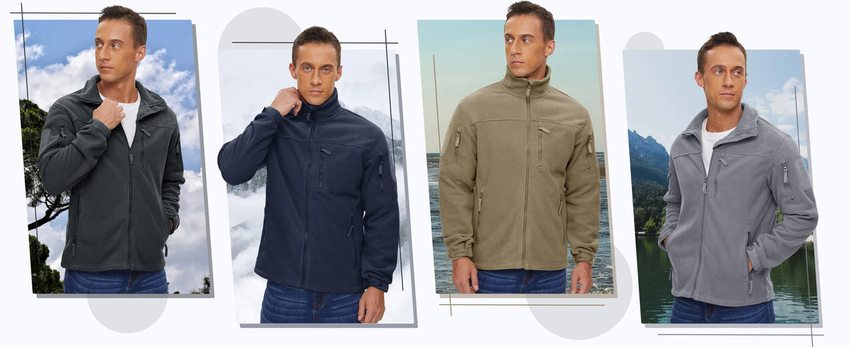Men's green tactical fleece jacket with full zip, thermal insulation, multiple pockets, windbreaker style for hiking and outdoor work.