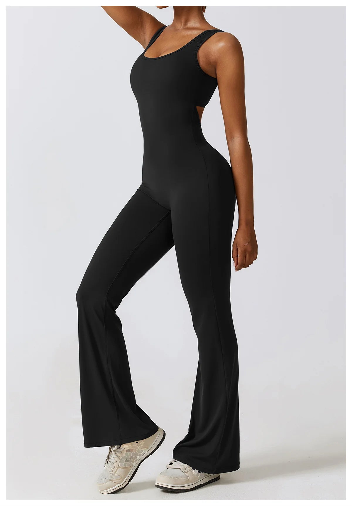 Open back V jumpsuit gym set by The Clothing Company Sydney, women’s stretch fitness jumpsuit for yoga and workout training.