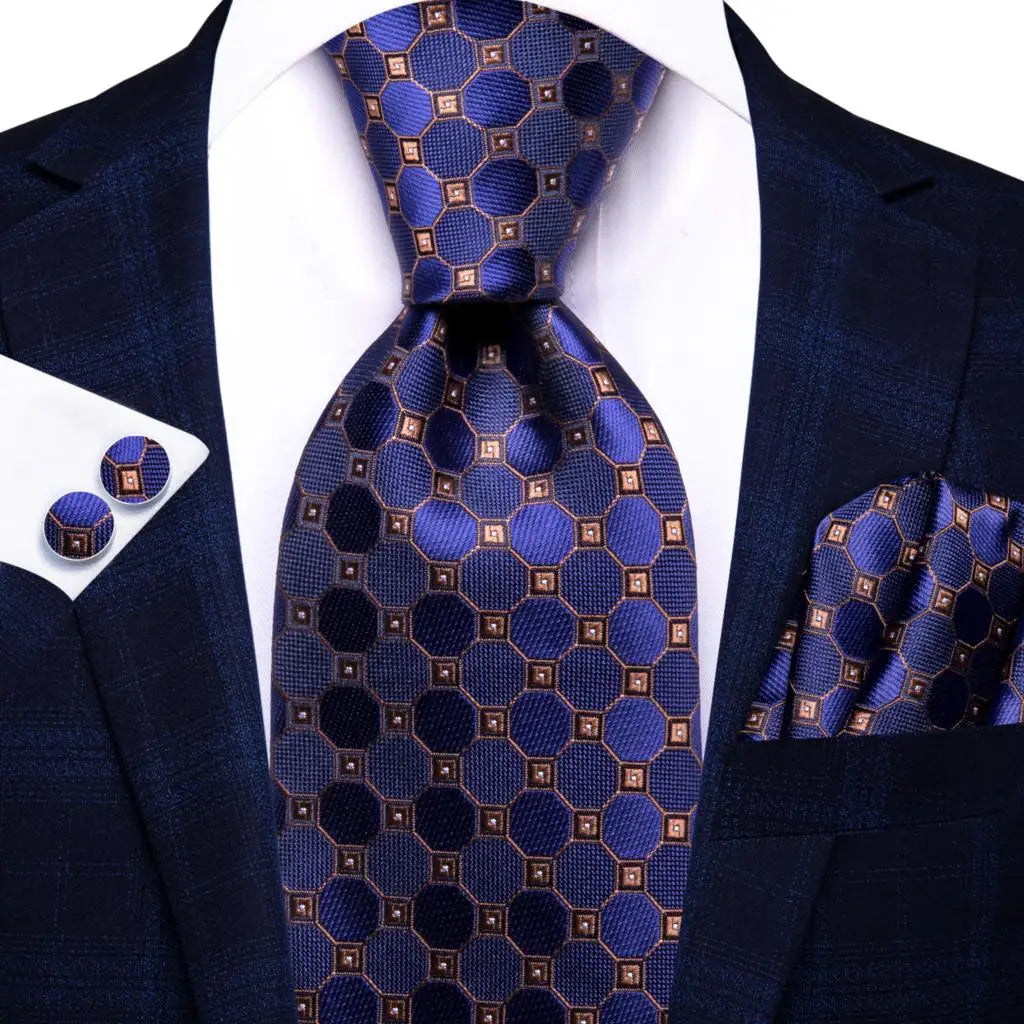 Blue paisley silk tie set for men including necktie, cufflinks, and pocket hanky, from The Clothing Company Sydney.