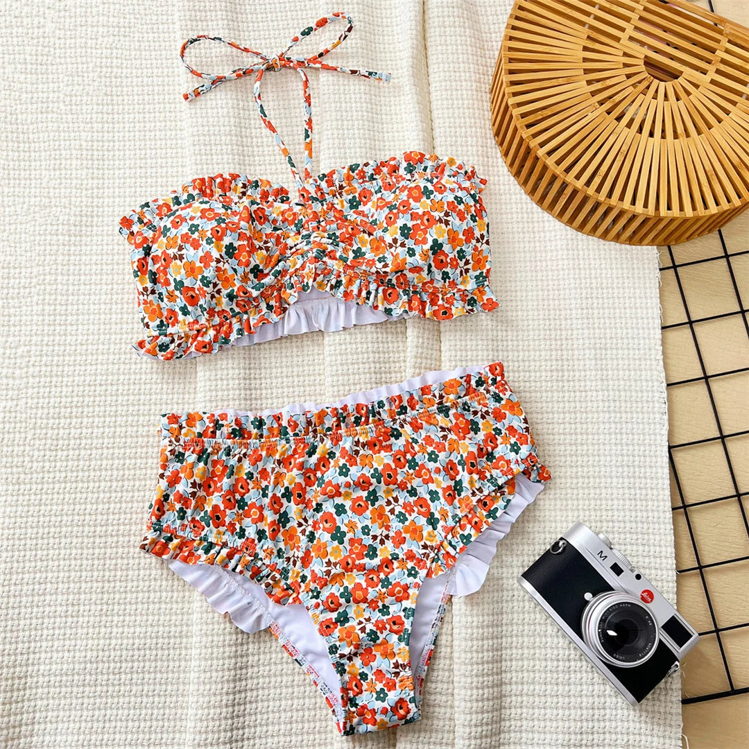 Floral print bandeau high waist bikini swimsuit for women, two-piece swimwear from The Clothing Company Sydney, displayed on a mannequin.