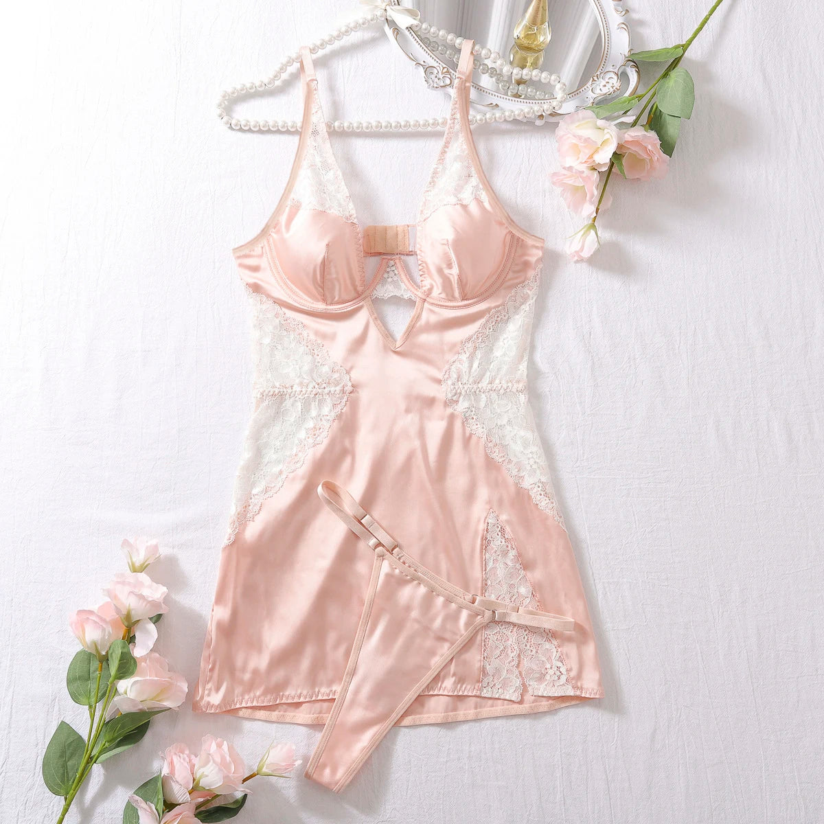Deep-V neck satin lingerie slip dress with lace patchwork and split design, women's nightwear from The Clothing Company Sydney.