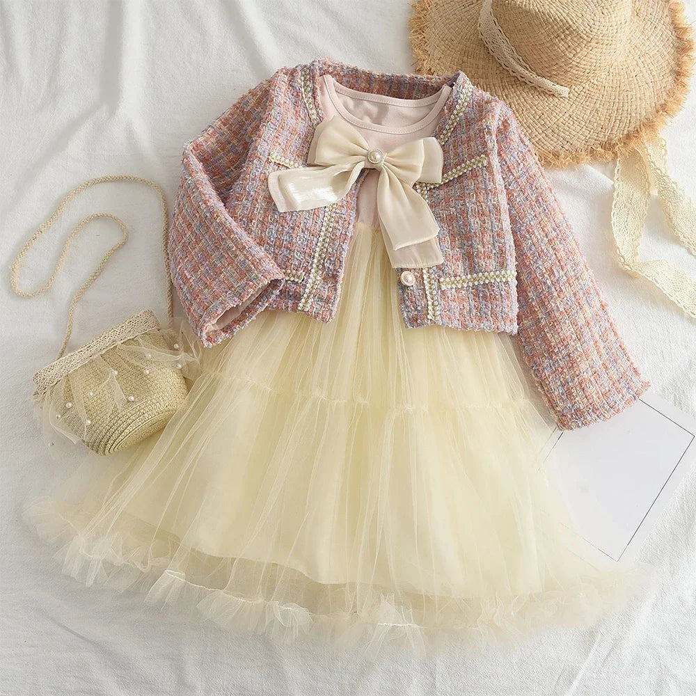 Kids girls' plaid vest dress and coat set by The Clothing Company Sydney, featuring a stylish retro spring-autumn outfit.