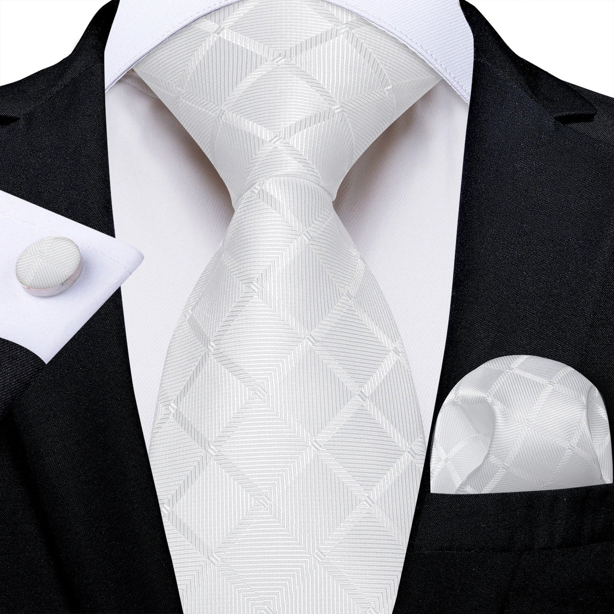 Men's gray paisley silk tie set with wedding tie, pocket square, and cufflinks, featuring elegant and intricate paisley patterns.