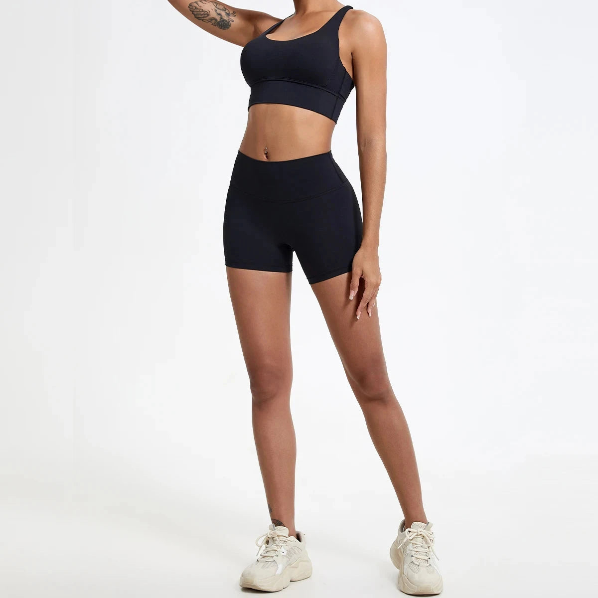 Women’s high-waist fitness gym leggings and workout shorts by The Clothing Company Sydney, featuring a slim fit and sporty design.