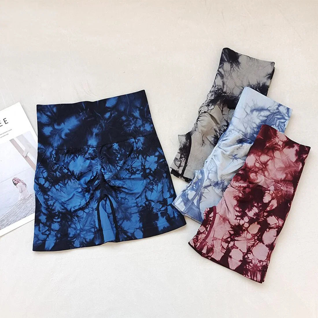 Women’s tie dye gym shorts by The Clothing Company Sydney, high waist, seamless fitness bike shorts for outdoor sport and casual wear.